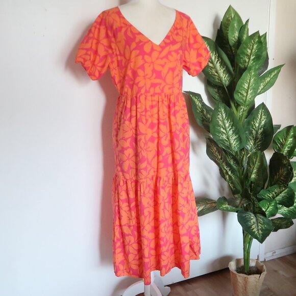 J.Crew Pink Orange Floral Print Cotton Midi Maxi Short Sleeve V-neck Dress 10 - Picture 2 of 14